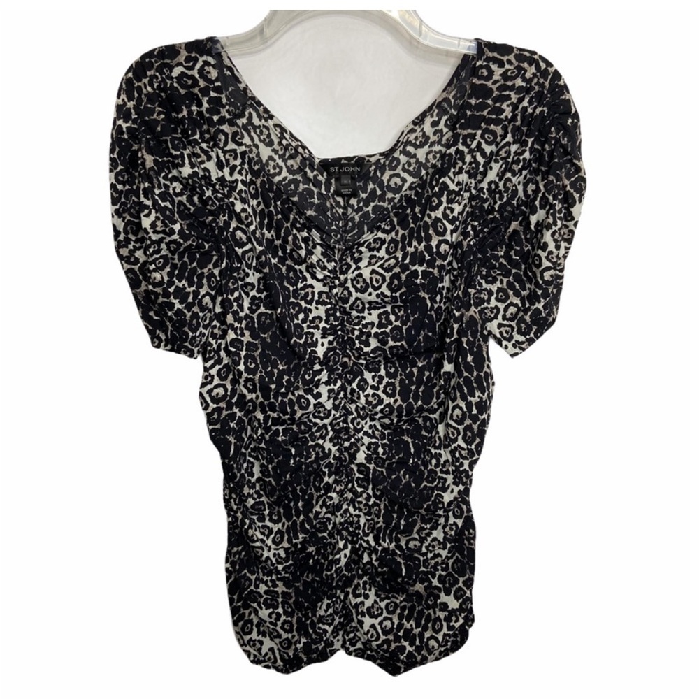 St. John Collection Size XL Short Sleeve Animal Print Ruched Blouse V-neck